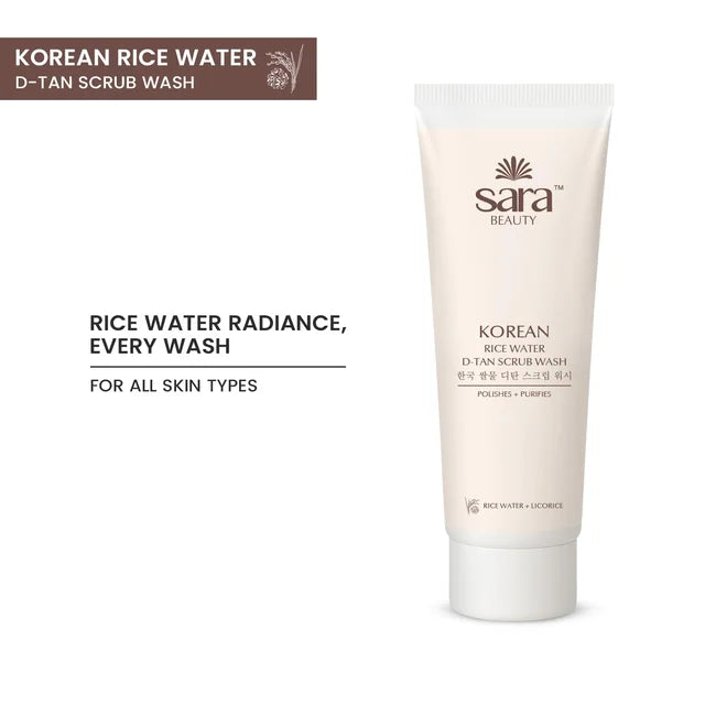 Sara Korean Rice Water D-Tan Scrub Wash 120g | Rice Water, Walnut Shell & Vitamin C Face Scrub Wash | Removes Tan, Exfoliates Dead Skin, Brightens & Refreshes