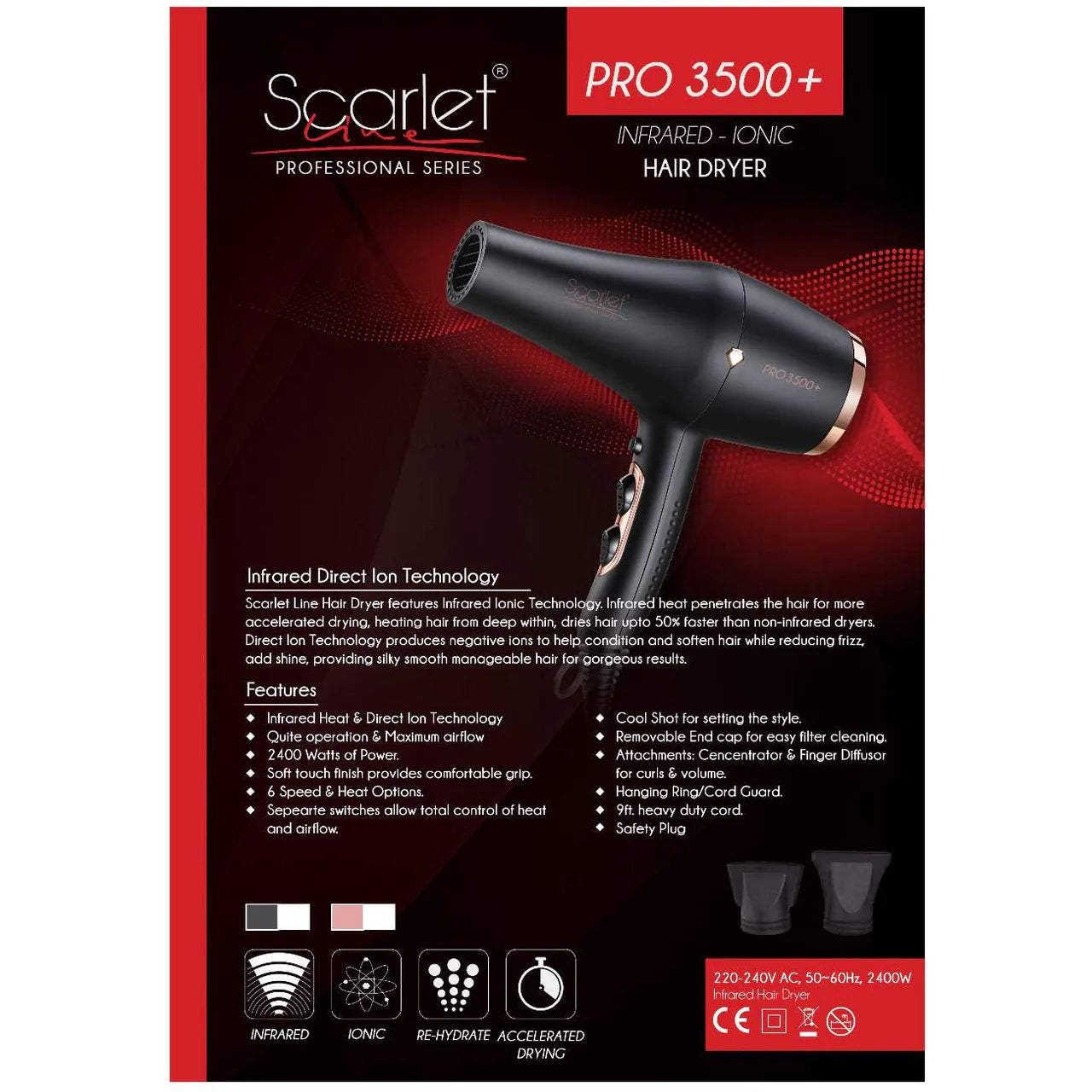 Scarlet Line Professional 3500+ Hot and Cold, Infrared Ionic Blow Hair Dryer Machine 2400 Watts - Black