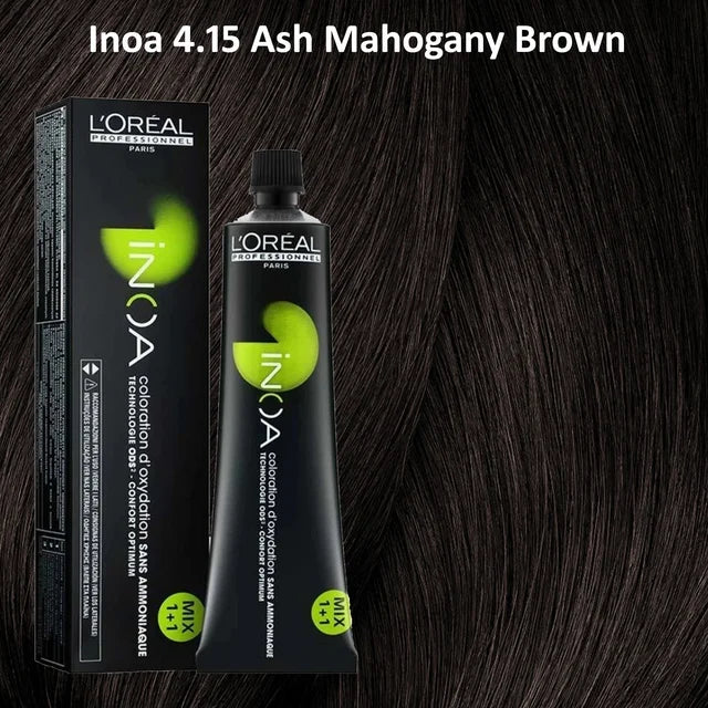 Loreal INOA Hair Color 4.15 Ash Mahogany Brown 60g Ammonia-Free Permanent Hair Dye Cool Tone 100% Grey Coverage