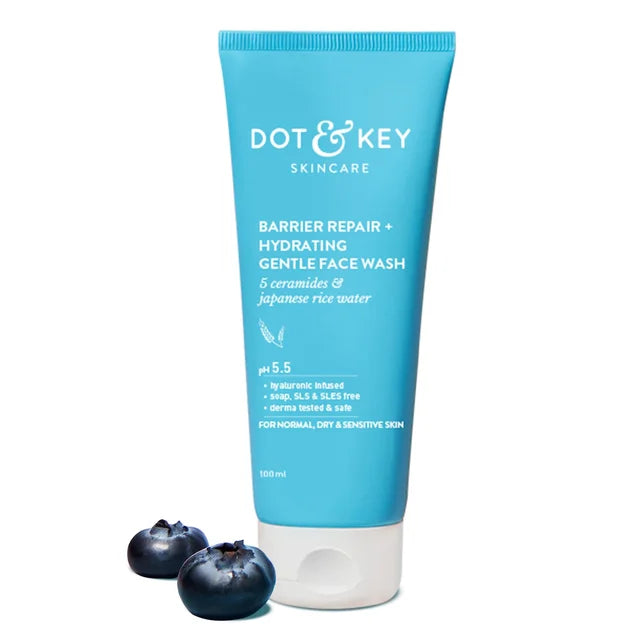 DOT & KEY Barrier Repair + Hydrating Gentle Face Wash | with 5 Ceremide & Japanese Rice Water | Soap, SLS & SLES Free | Soft, Nourished Skin | For Normal, Dry & Sensitives Skin | Gently Cleanses Skin From Dirt & Oil | 100ml