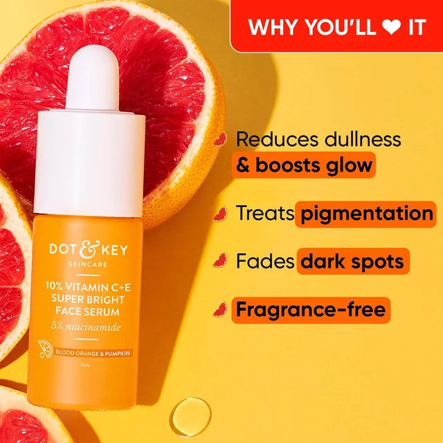 Dot & Key 10% Vitamin C + E Super Bright Face Serum | 5% Niacinamide Serum | Vitamin C Serum with Blood Orange & Pumpkin | Glow your skin | Reduce Dullness | Brighten & Hydrate Your Skin | For All Skin Types | 30ml